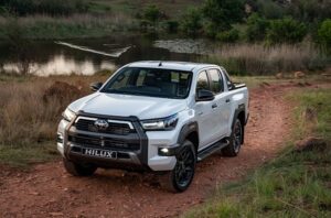 White Toyota Hilux in the wild South African terrain